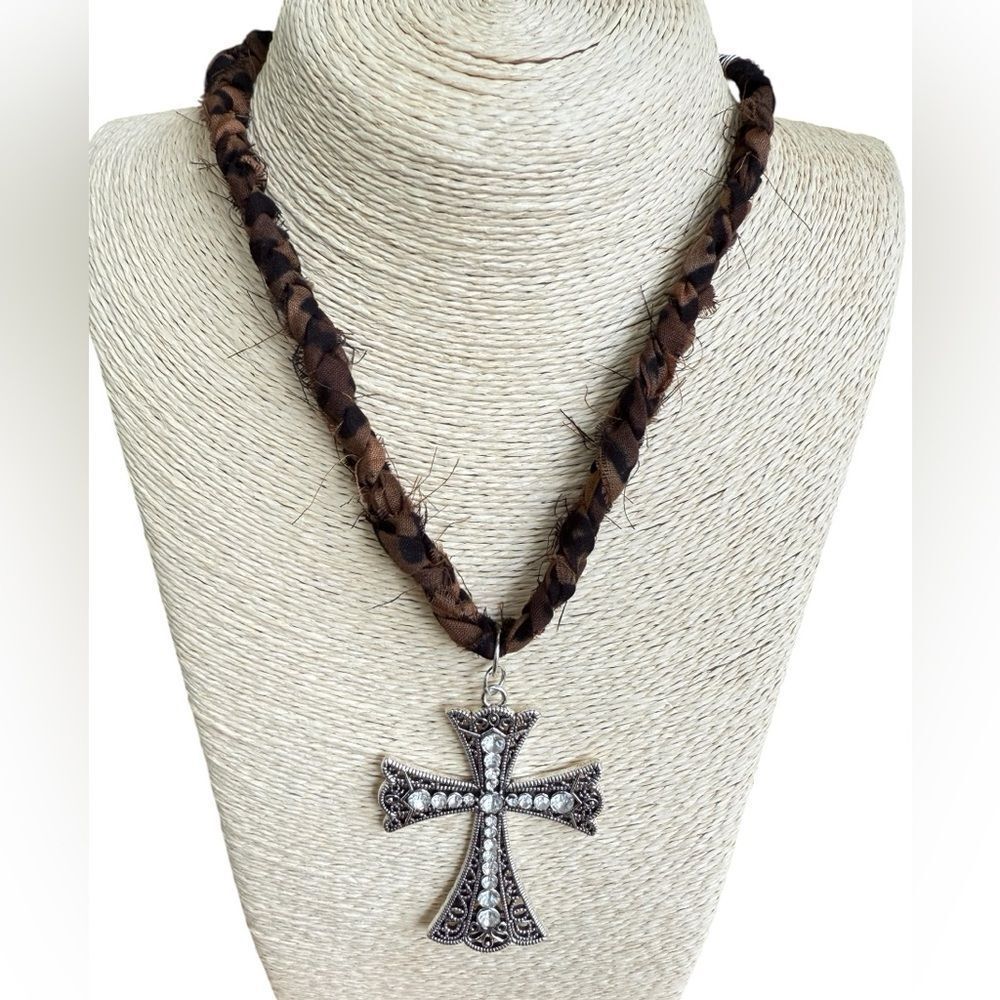 Bandana Necklace Cross Charm Leopard Print Braided